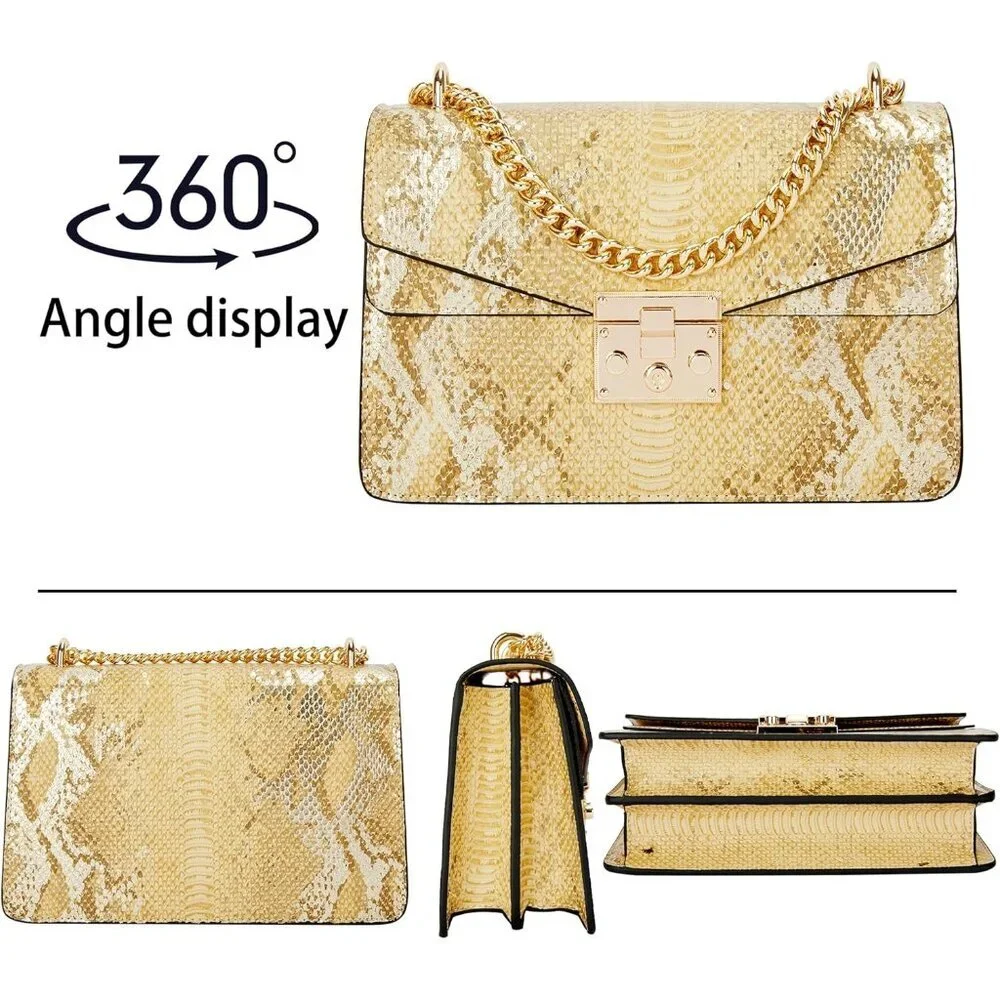 ⚡ Women's Fashion Snake Gold Vegan Leather Print Casual Satchel Crossbody Bag